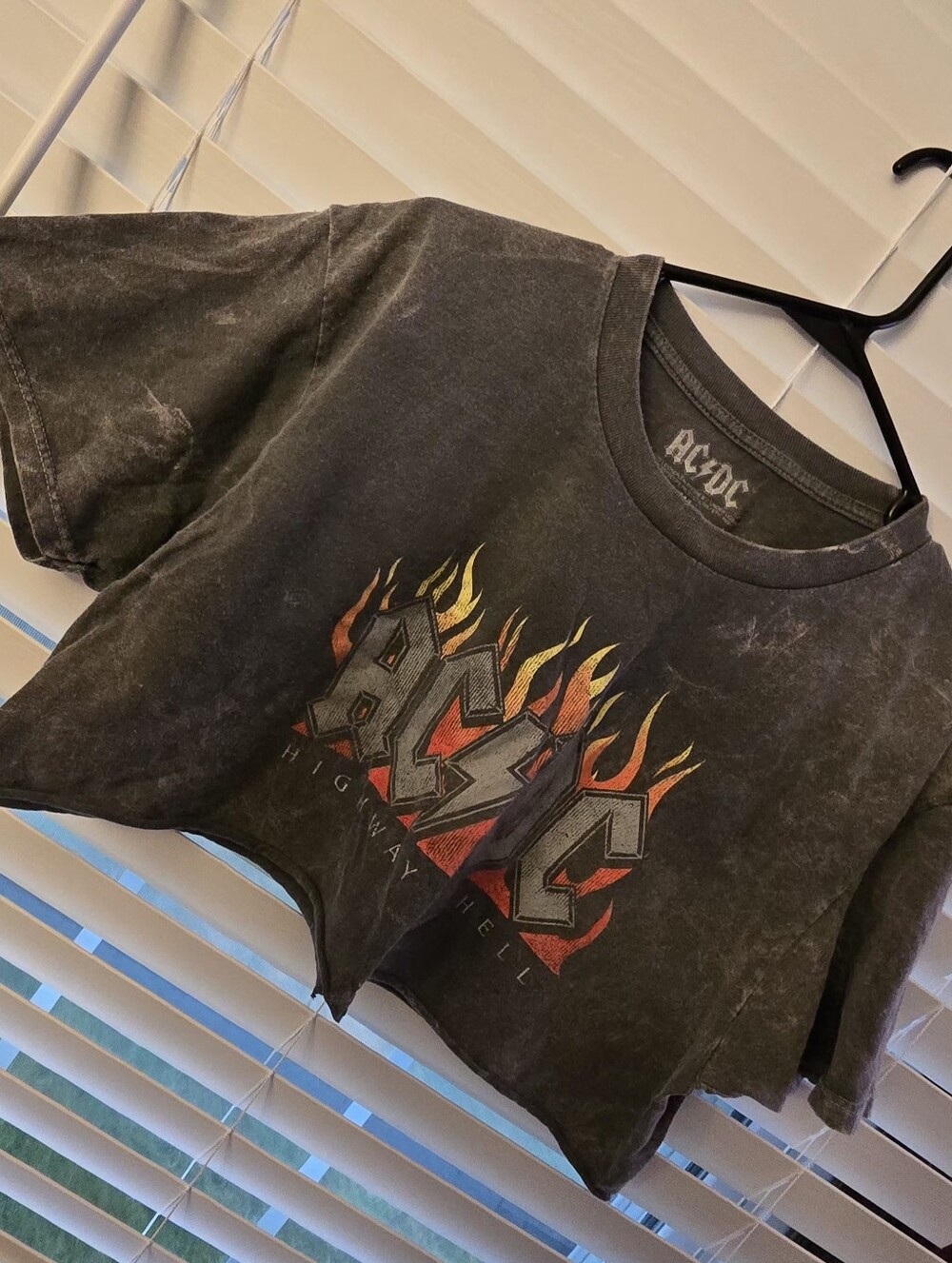 AC/DC Black Crop Tee with Red and Yellow Flame Logo, Juniors M/L